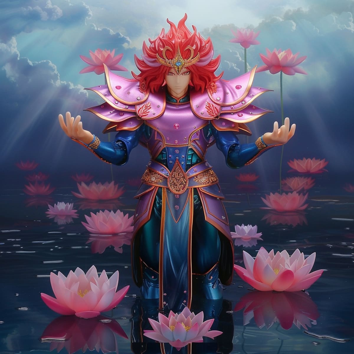 Ágora de Loto, el Santo de la constelación de Lotus, cobra vida a través de la imaginación de la inteligencia artificial de Midjourney.