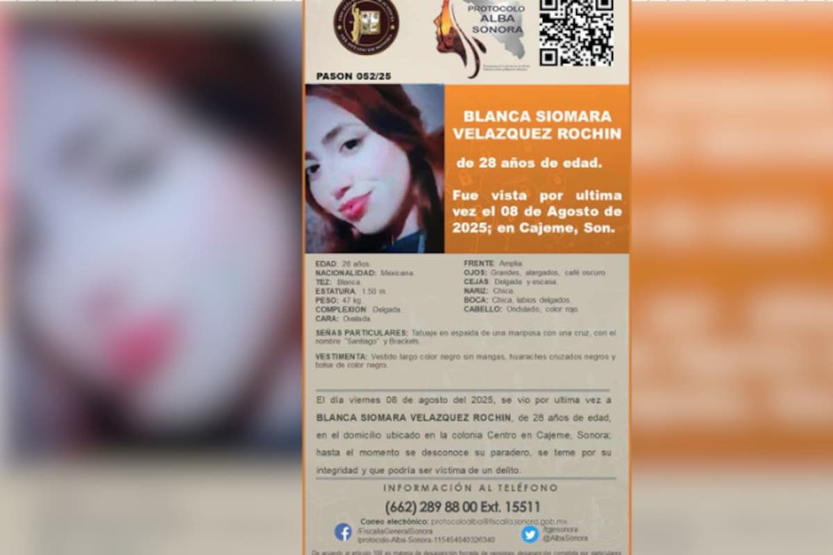 Se activa Protocolo ALBA para localizar a Blanca Siomara Velázquez Rochín, privada de la libertad en Cajeme
