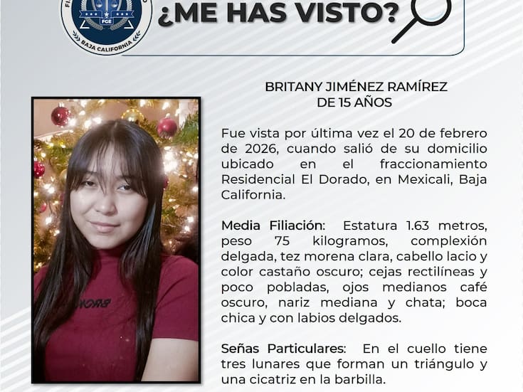 Buscan a Britany Jiménez, adolescente de 15 años desaparecida en Mexicali