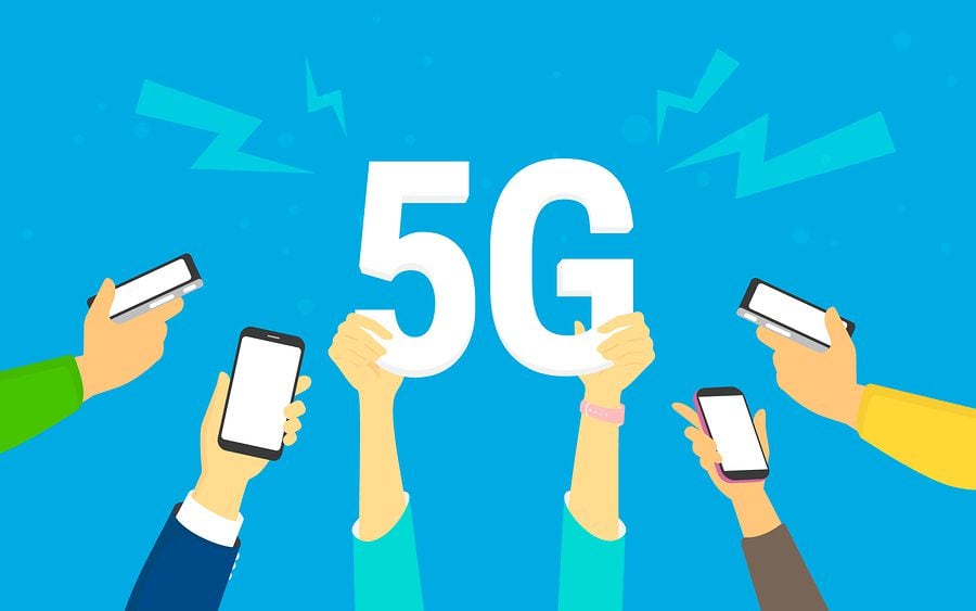 Flat human hands hold big 5G symbol. Addicted to networks people concept illustration of young men and women happy to have a high speed wireless connection 5G via mobile smartphone.