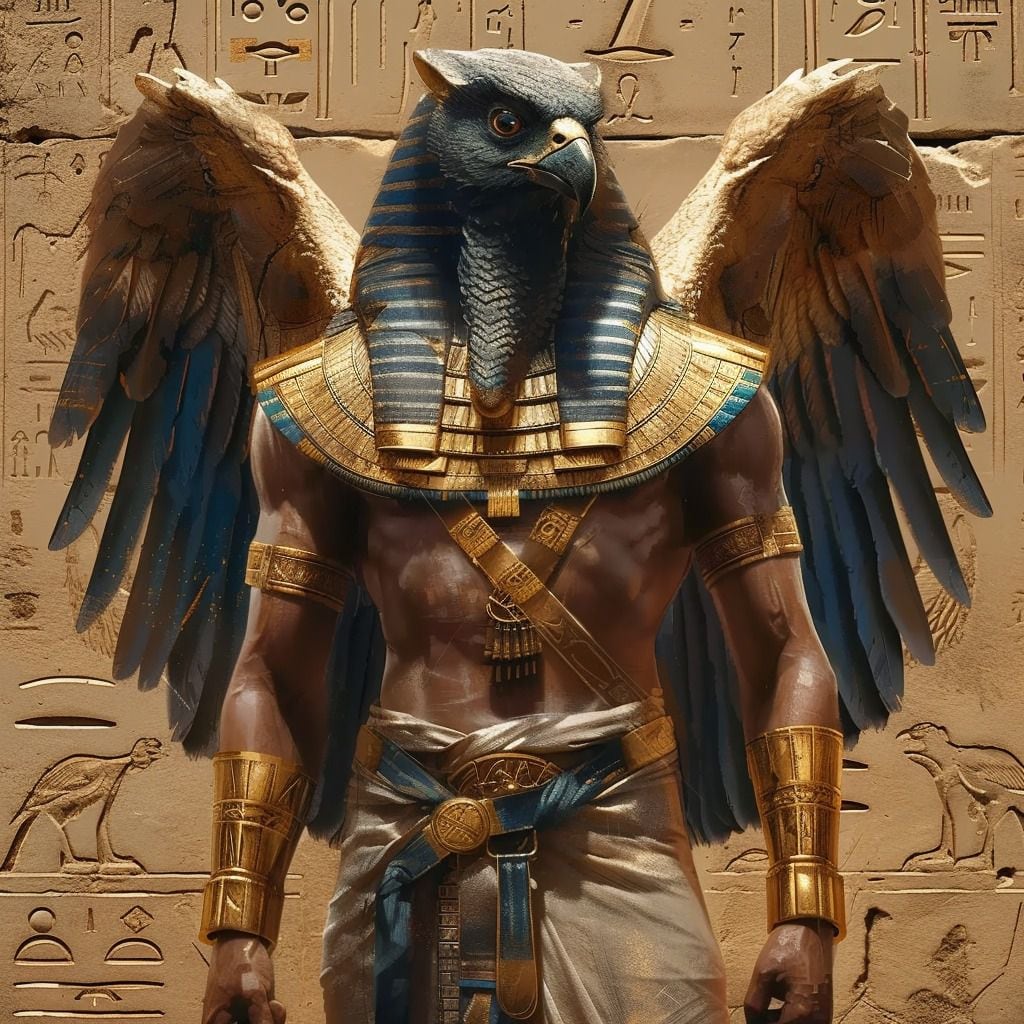 Vuelo digital de la deidad: Horus se eleva con alas digitales en esta fascinante interpretación generada por IA.