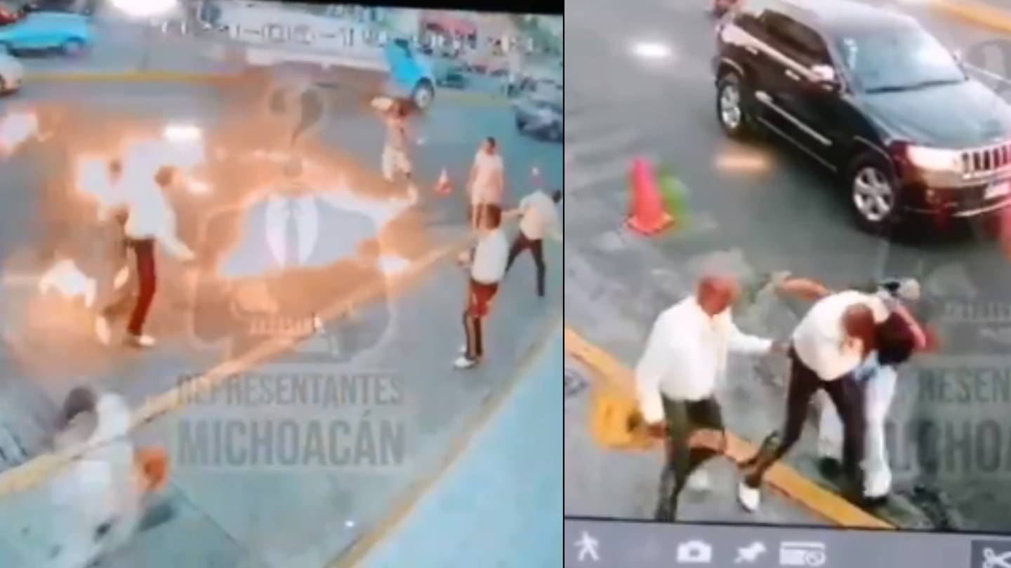 Una cámara de seguridad cercana logró capturar el conflicto entre los músicos y un tragafuego en Morelia, Michoacán. Foto: Captura de Pantalla
