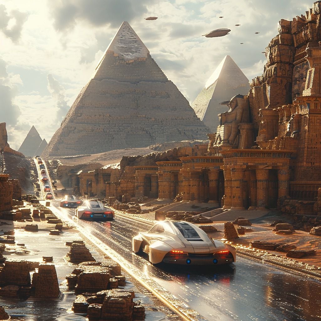 En este hipotético futuro, las antiguas pirámides comparten el horizonte con nuevas estructuras, sugiriendo un florecimiento continuo de la arquitectura egipcia.