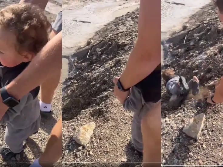 VIRAL: un padre ayuda a su hijo a tirar una gran roca, ¡pero el niño termina rodando también!
