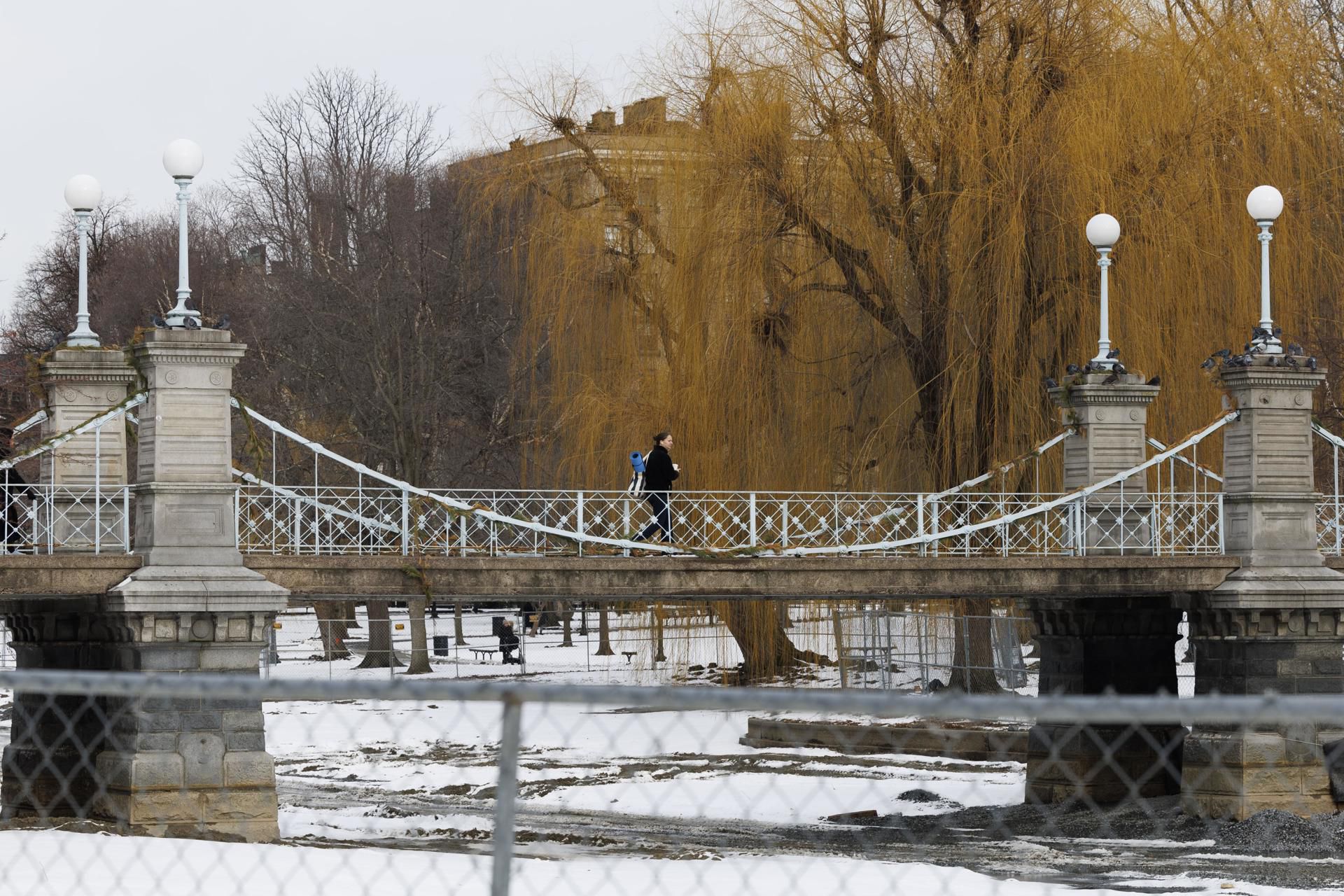 Una persona camina en el Jardín Público de Boston, en Boston, Massachusetts (EE.UU.), este 9 de enero de 2024. EFE/EPA/CJ Gunther
