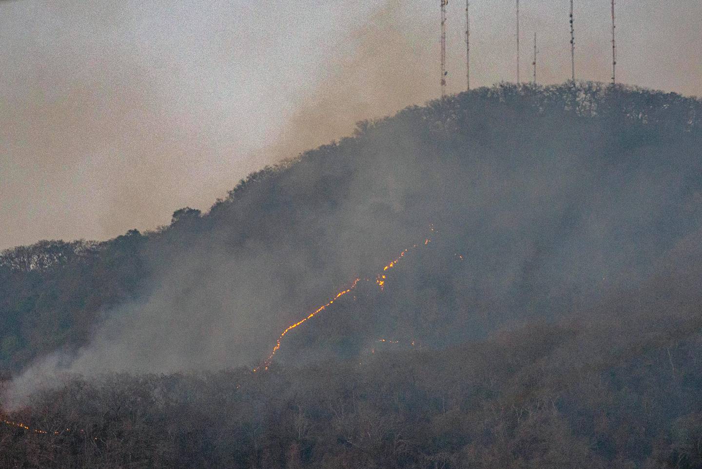 Fotografía de un incendio forestal en el cerro Mactumatzá este miércoles, en Tuxtla Gutiérrez, estado Chiapas (México). Las autoridades identifican 120 incendios forestales activos en México, un incremento intradía del 26 %, que afectan más de 7.137 hectáreas en 19 estados del país y se ubica como el número más alto en lo que va del año, informó este miércoles la Comisión Nacional Forestal (Conafor). EFE/ Carlos López