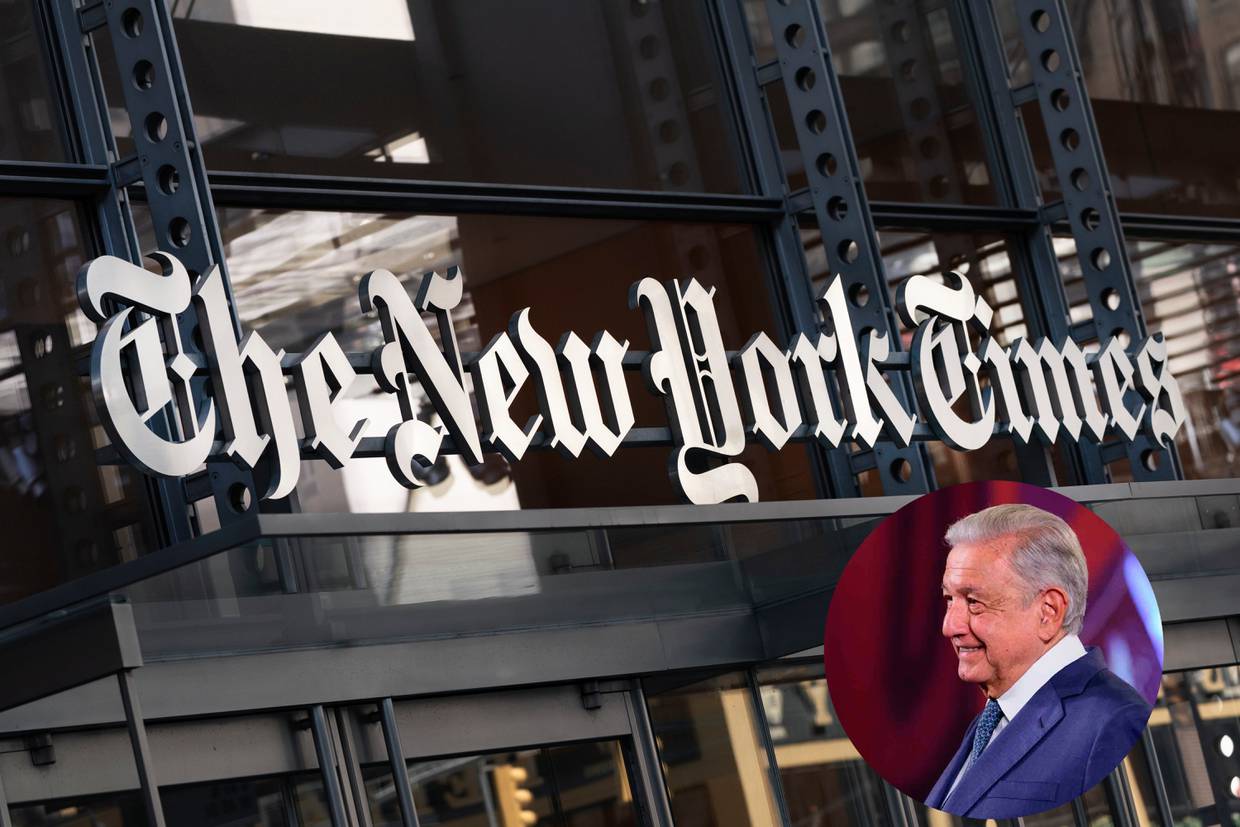 Fotografía del edificio del New York Times y el presidente Andrés Manuel López Obrador.